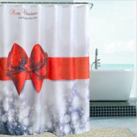 180x180cm Christmas Bowknot Waterproof Shower Curtain Bathroom and 12 Hook RED
