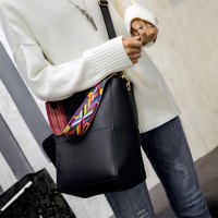 Fashion Women Bucket Bag Leather Shoulder Bag Colorful Wide Straps With Wallet