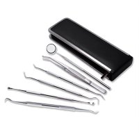 6PCS Oral Care Kit Teeth Scaler Pick Mirror Tweezers Kit With Leather Box