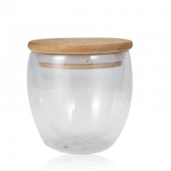 Double Layer Wall Clear Glass Tea Cup + Bamboo Lid Set Glass Coffee Milk Mug