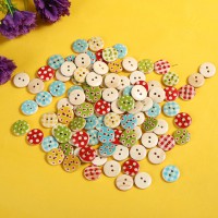 100 Pcs Dot Plaid Pattern Round Mixed 2 Holes Wood Buttons Sewing Scrapbooking