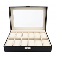 12 Slot PU Leather Watch Box Display Case Organizer Glass Top Jewelry Storage